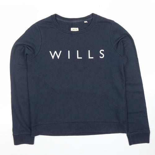 Jack Wills Womens Navy Blue Pullover Sweatshirt UK 12 WILLS Logo Cotton Blend