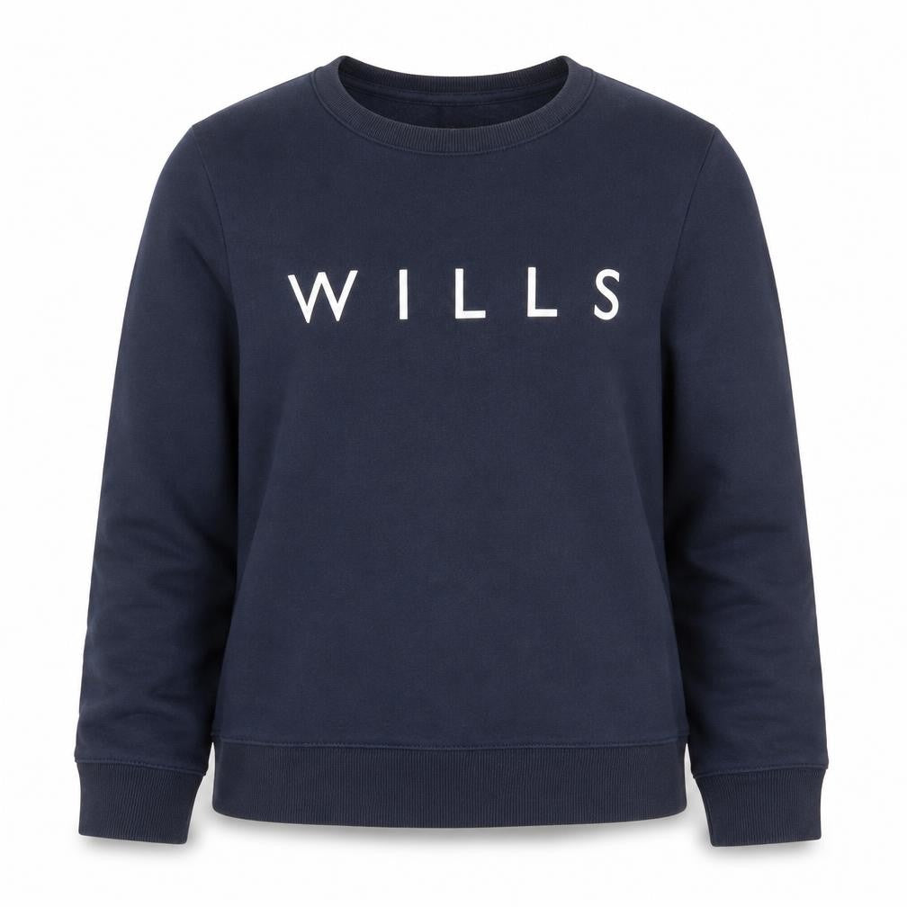 Front view of Jack Wills women’s navy blue pullover sweatshirt uk 12 wills logo cotton blend