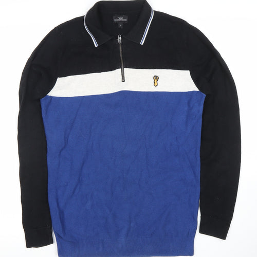 Next Men Blue Black Colour Block Cotton Half Zip Jumper Size S