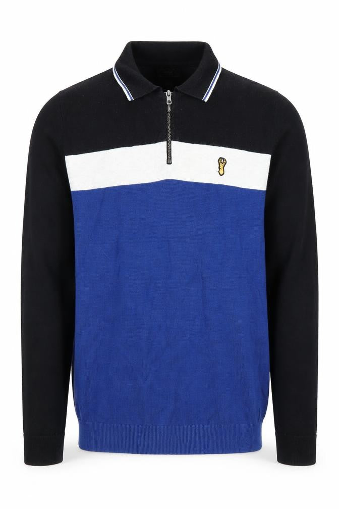 Front view of Next Men Blue Black Colour Block Cotton Half Zip Jumper, size S
