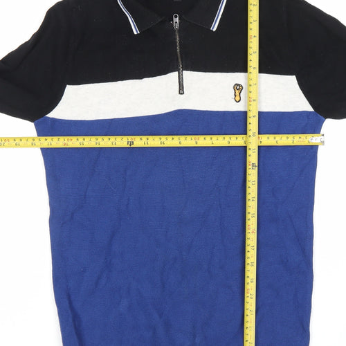 Next Men Blue Black Colour Block Cotton Half Zip Jumper Size S