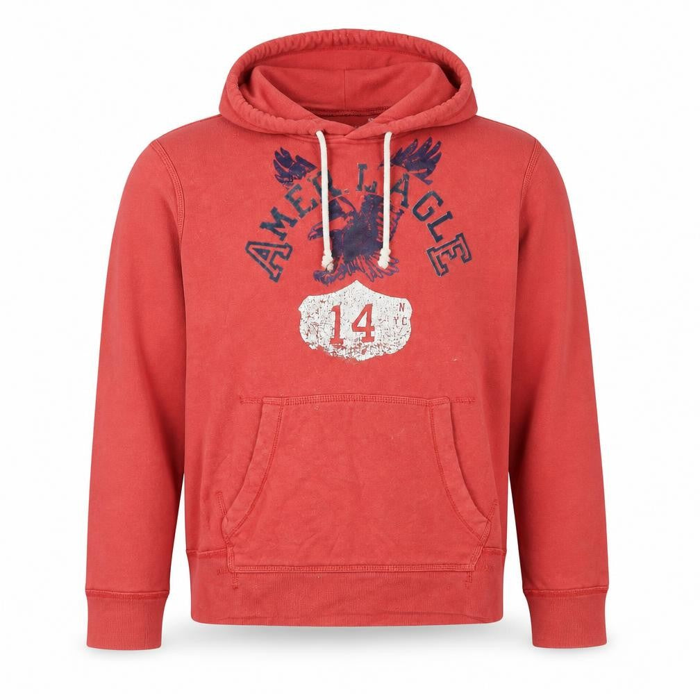 Front view of American Eagle Outfitters Men's Red Pullover Hoodie L Graphic Fleece