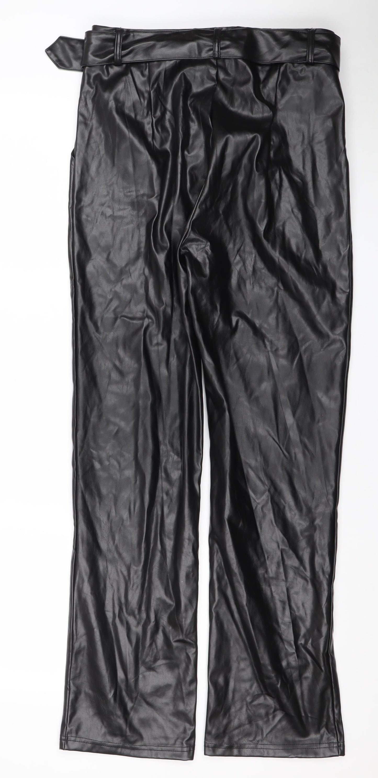 AX Womens Black Faux Leather Belted High Rise Trousers Size 10
