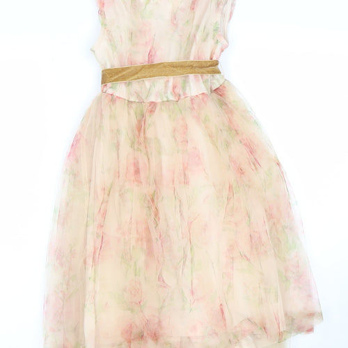 Next Girls Beige Floral Hi-Low Dress 8 Years Fit & Flare Style