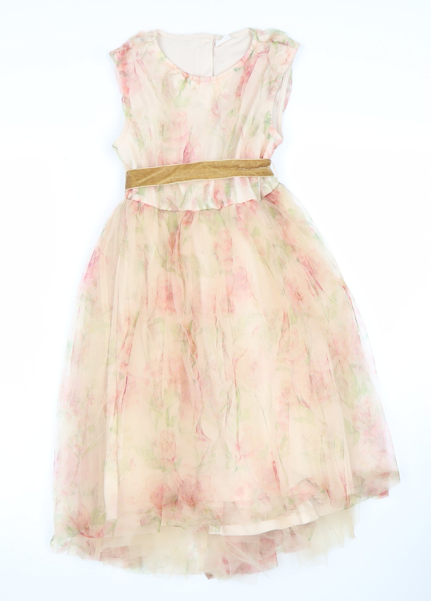 Next Girls Beige Floral Hi-Low Dress 8 Years Fit & Flare Style