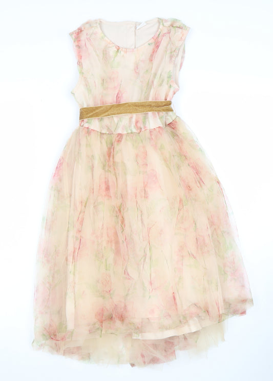 Next Girls Beige Floral Hi-Low Dress 8 Years Fit & Flare Style