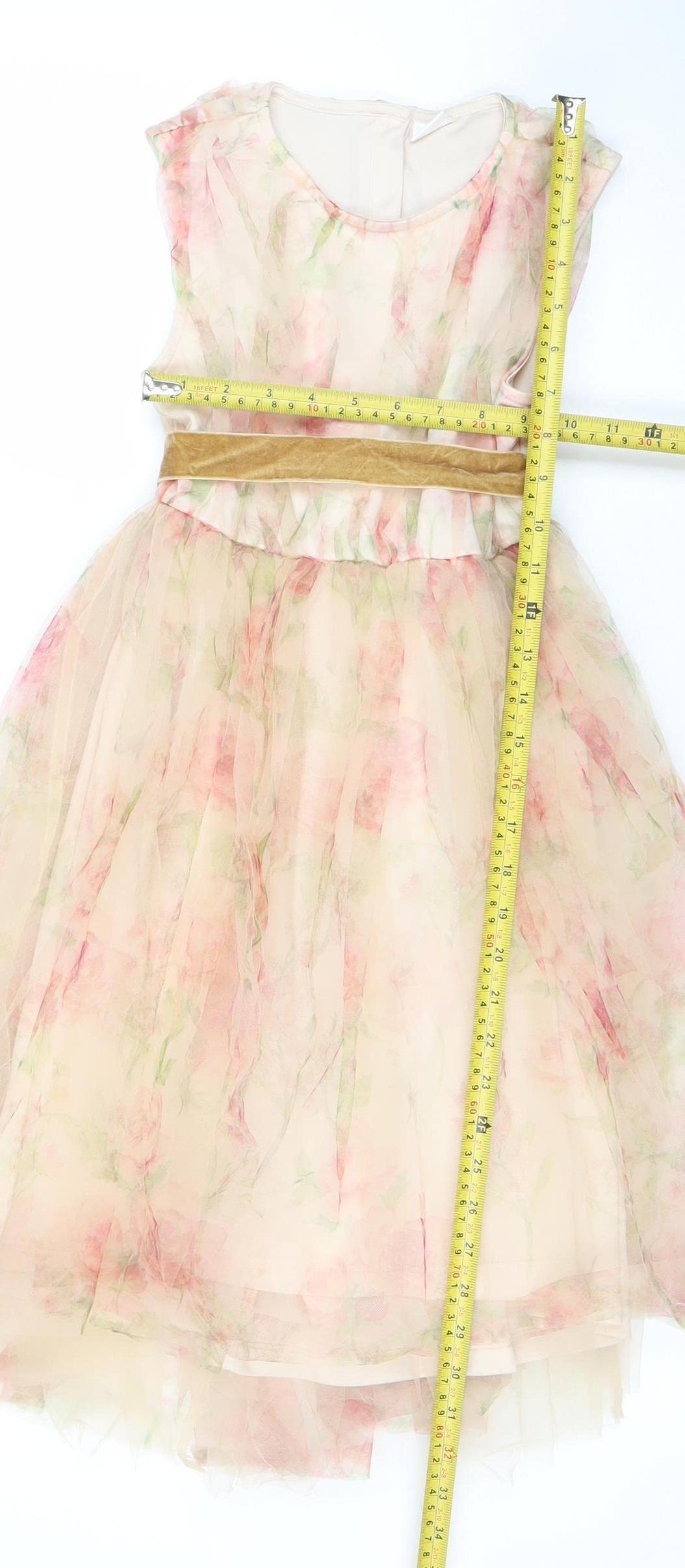 Next Girls Beige Floral Hi-Low Dress 8 Years Fit & Flare Style