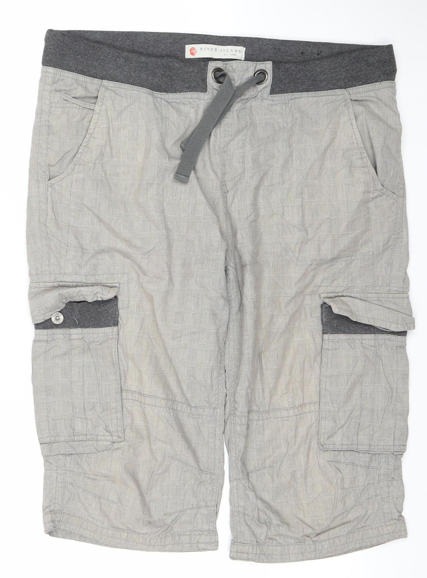 River Island Men’s Grey Cargo Shorts Size 36 W Drawstring Waist 100% Cotton
