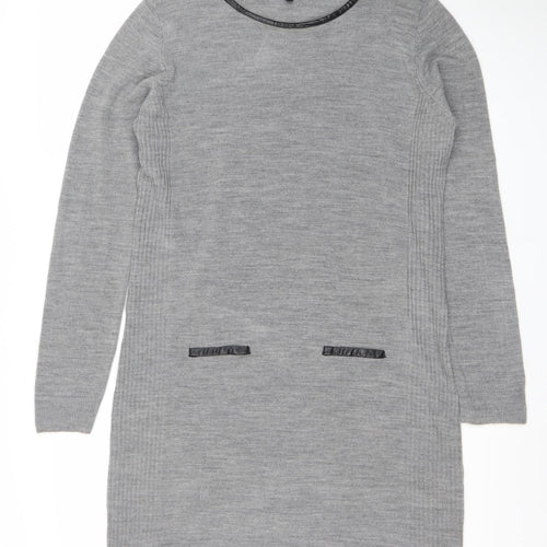 Mysty Women’s Grey Knit Jumper Dress M Long Sleeve Round Neck