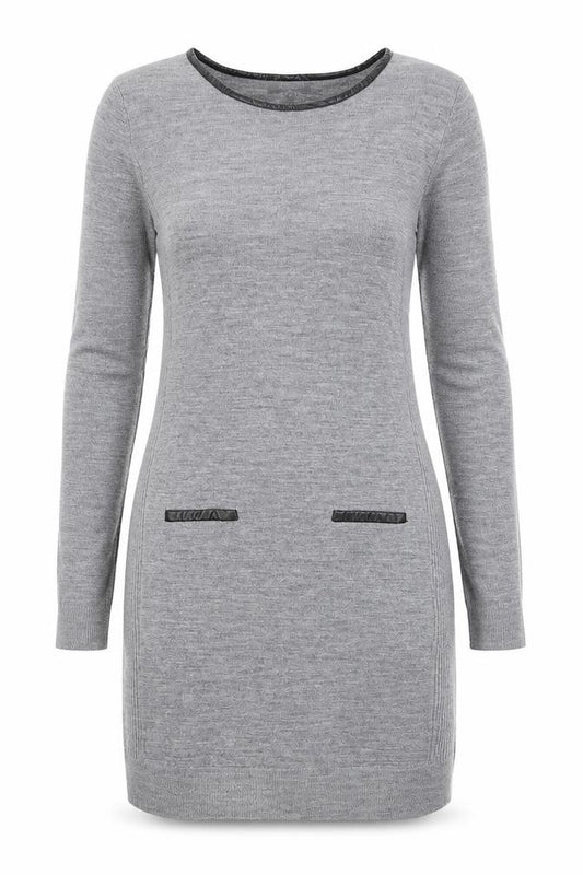 Front view of Mysty Women’s Grey Knit Jumper Dress M Long Sleeve Round Neck