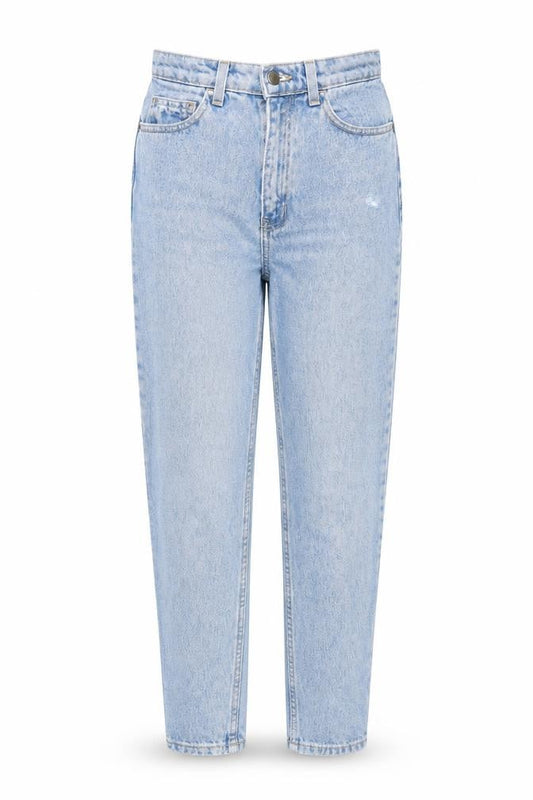 Front view of American Apparel Women’s Blue High Rise Mom Jeans, size UK 24, Cotton Denim
