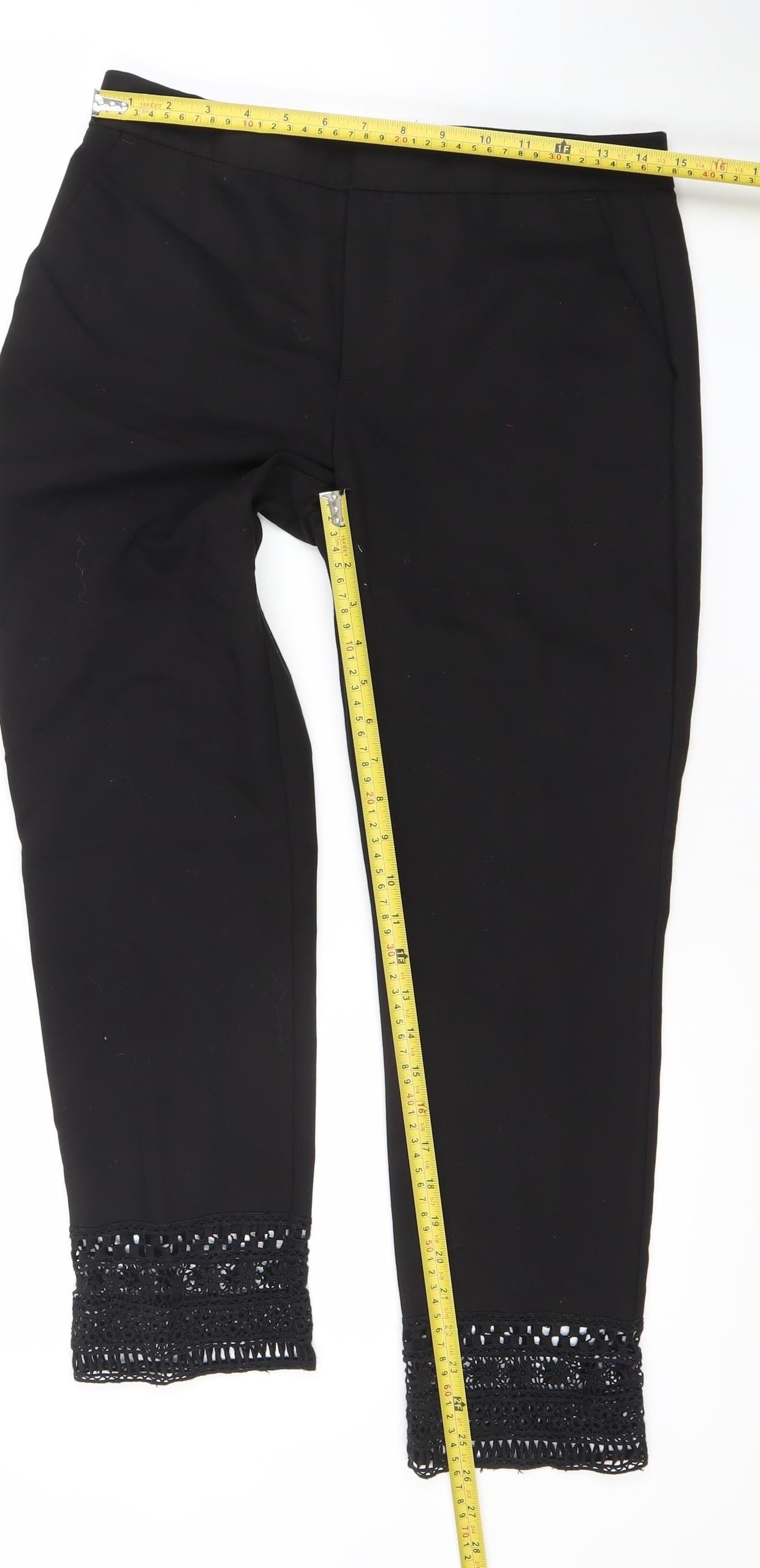 Zara Basic Women Black Lace Hem Cropped Trousers Size M UK12