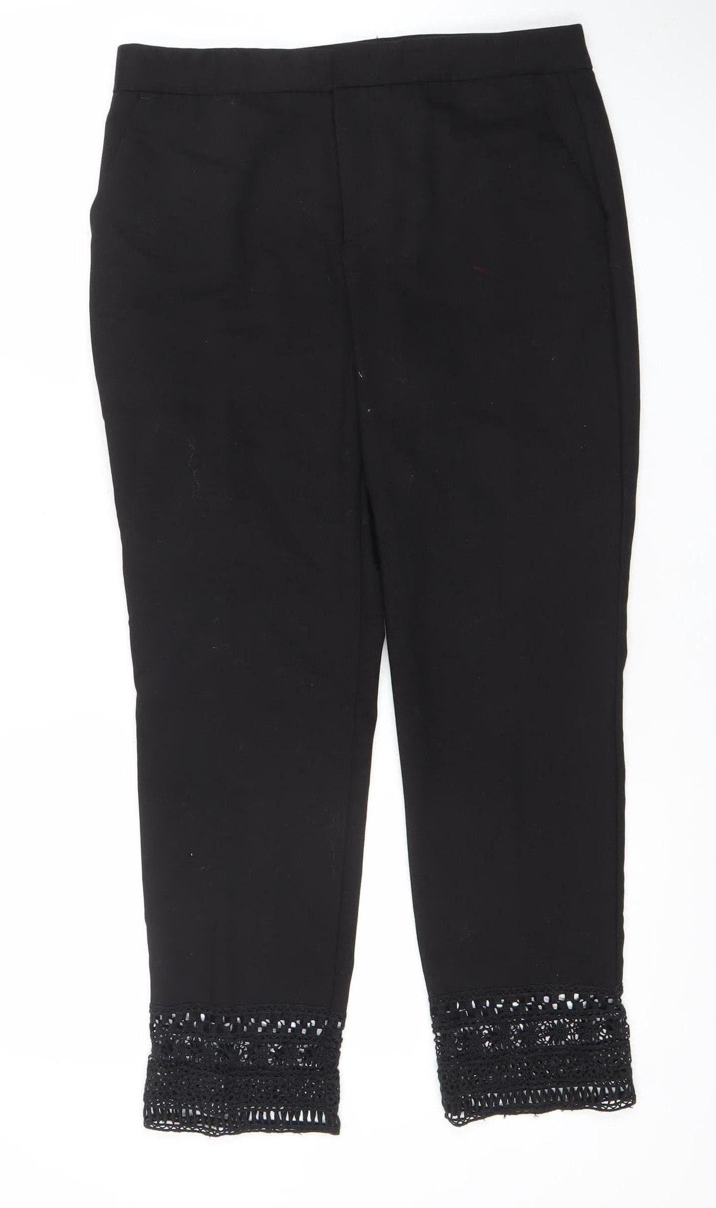 Zara Basic Women Black Lace Hem Cropped Trousers Size M UK12