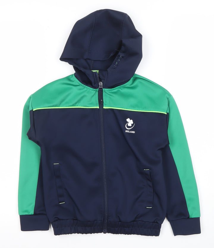 Dunnes Stores Boys Navy Green Full Zip Hoodie 6-7 Years Polyester Blend Ireland Logo
