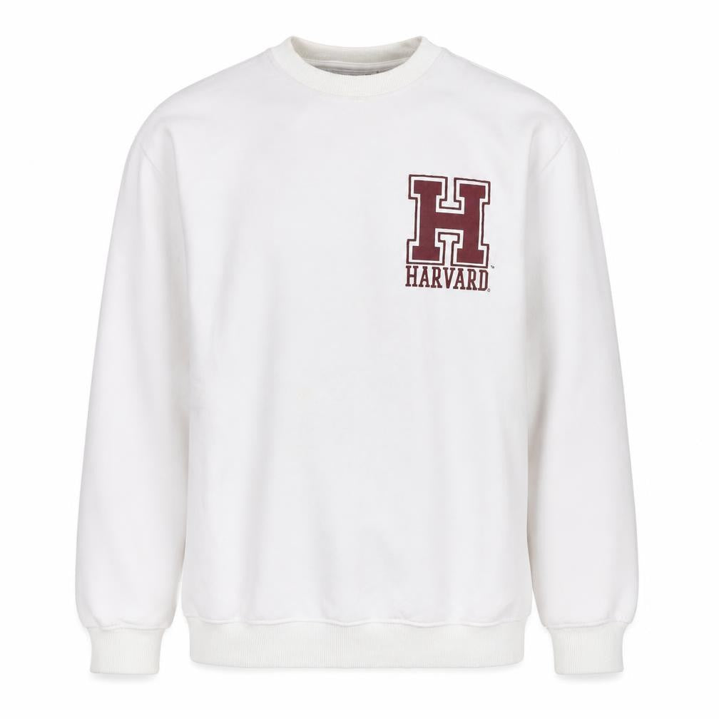 Front view of Harvard men’s white crew neck pullover sweatshirt, size S, regular fit
