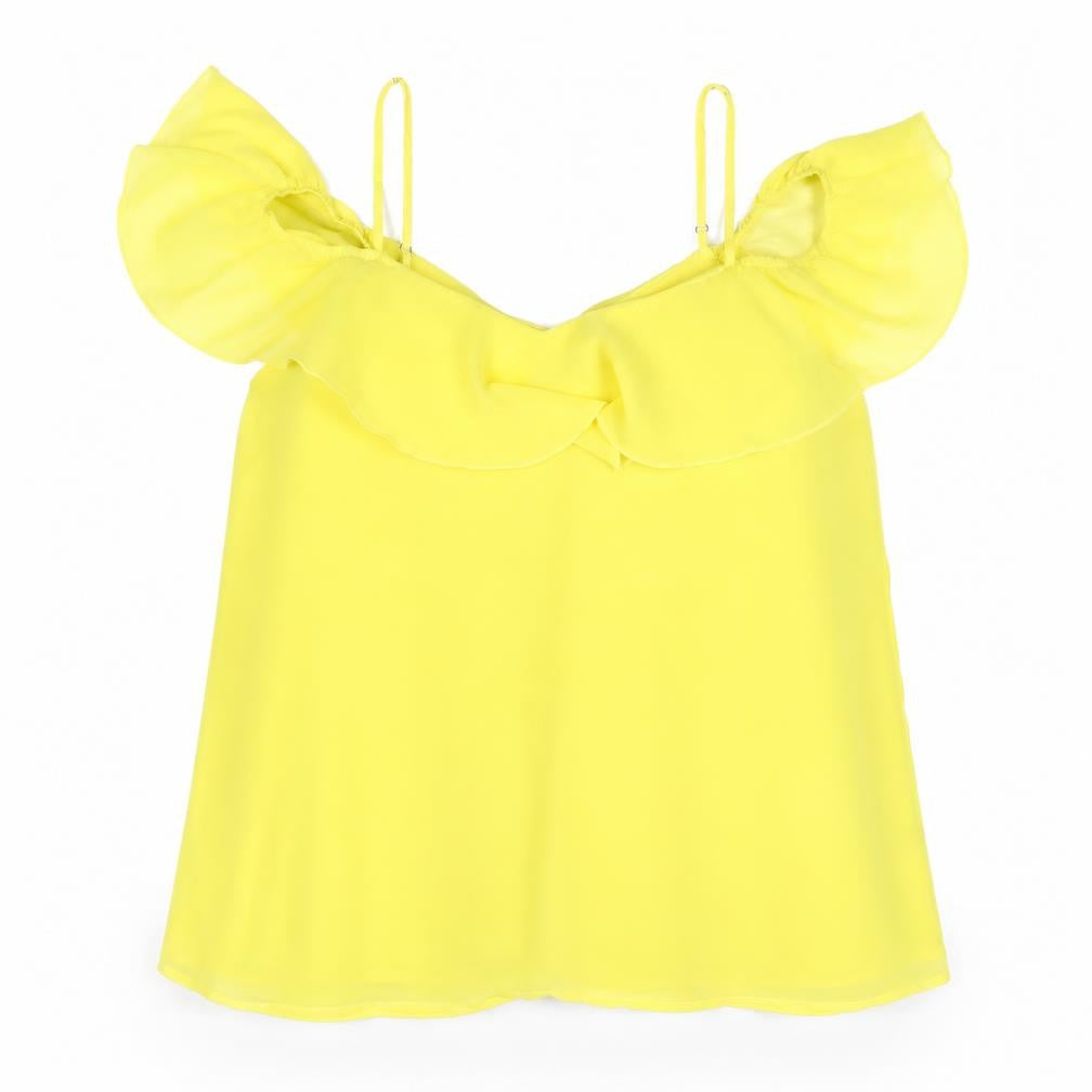 Front view of OUIZ Women Yellow Off Shoulder Ruffle Chiffon Blouse, size 12