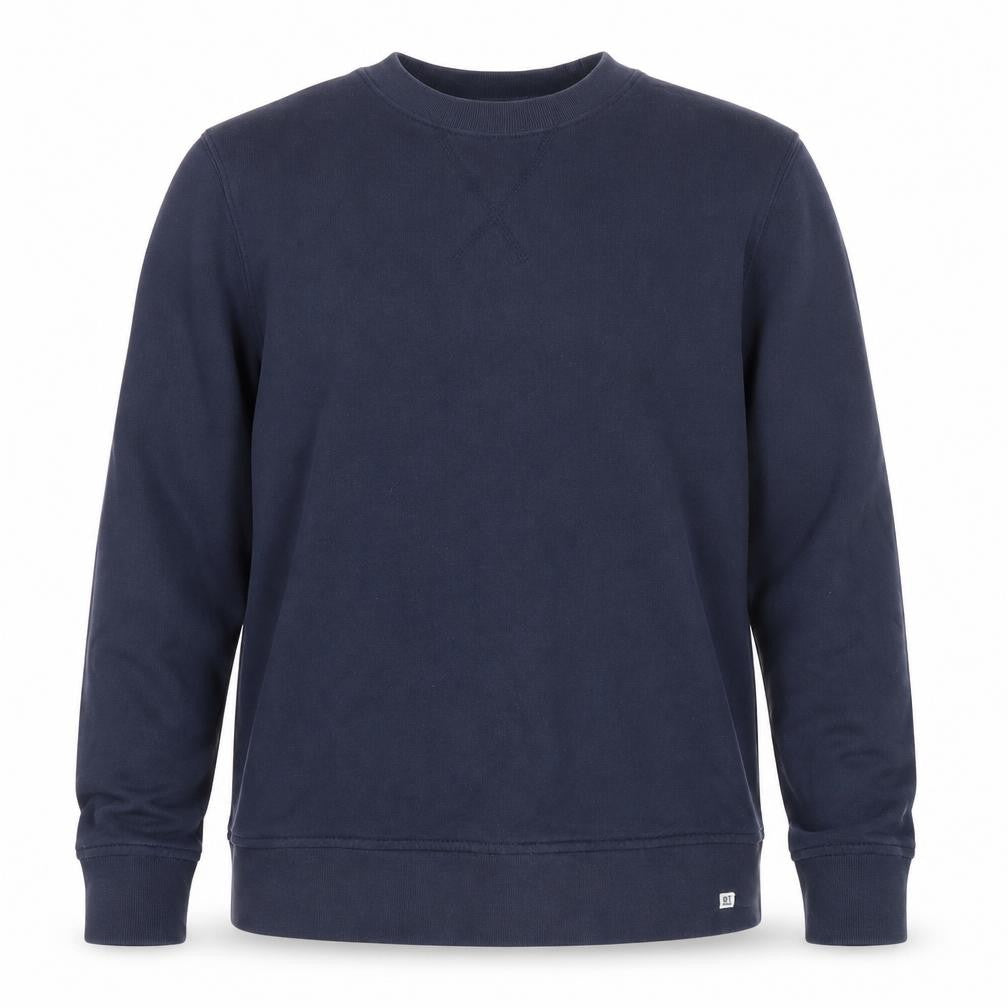 Front view of RE THREADS Men's Blue Cotton Crew Neck Pullover Sweatshirt, size S