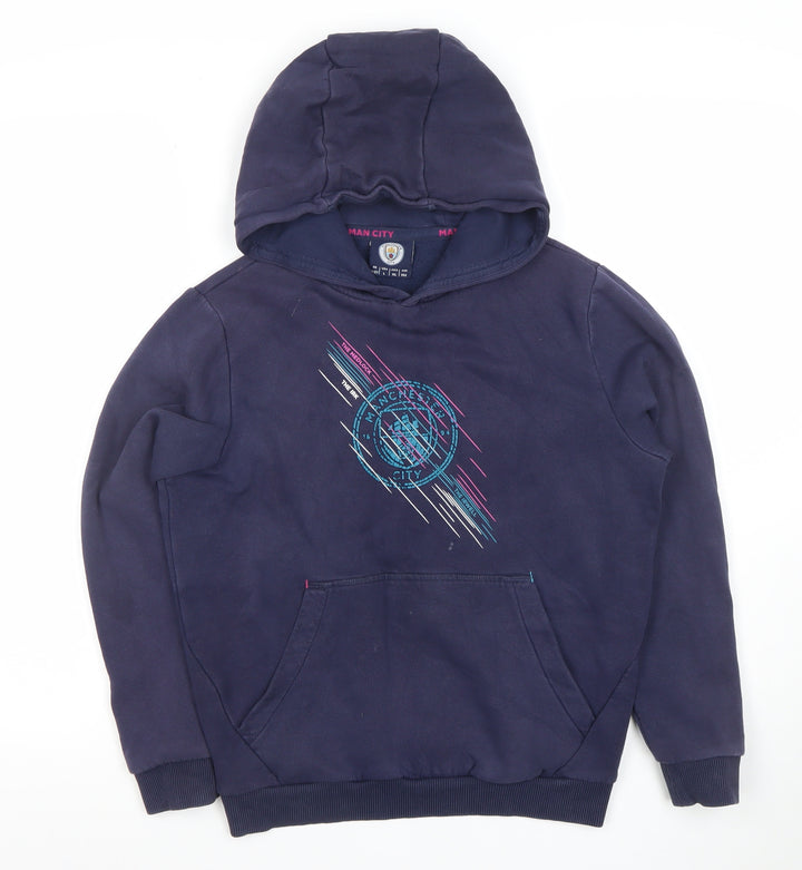 Manchester City Boys Navy Hoodie 11-12 Years Pullover Graphic Print Cotton Blend