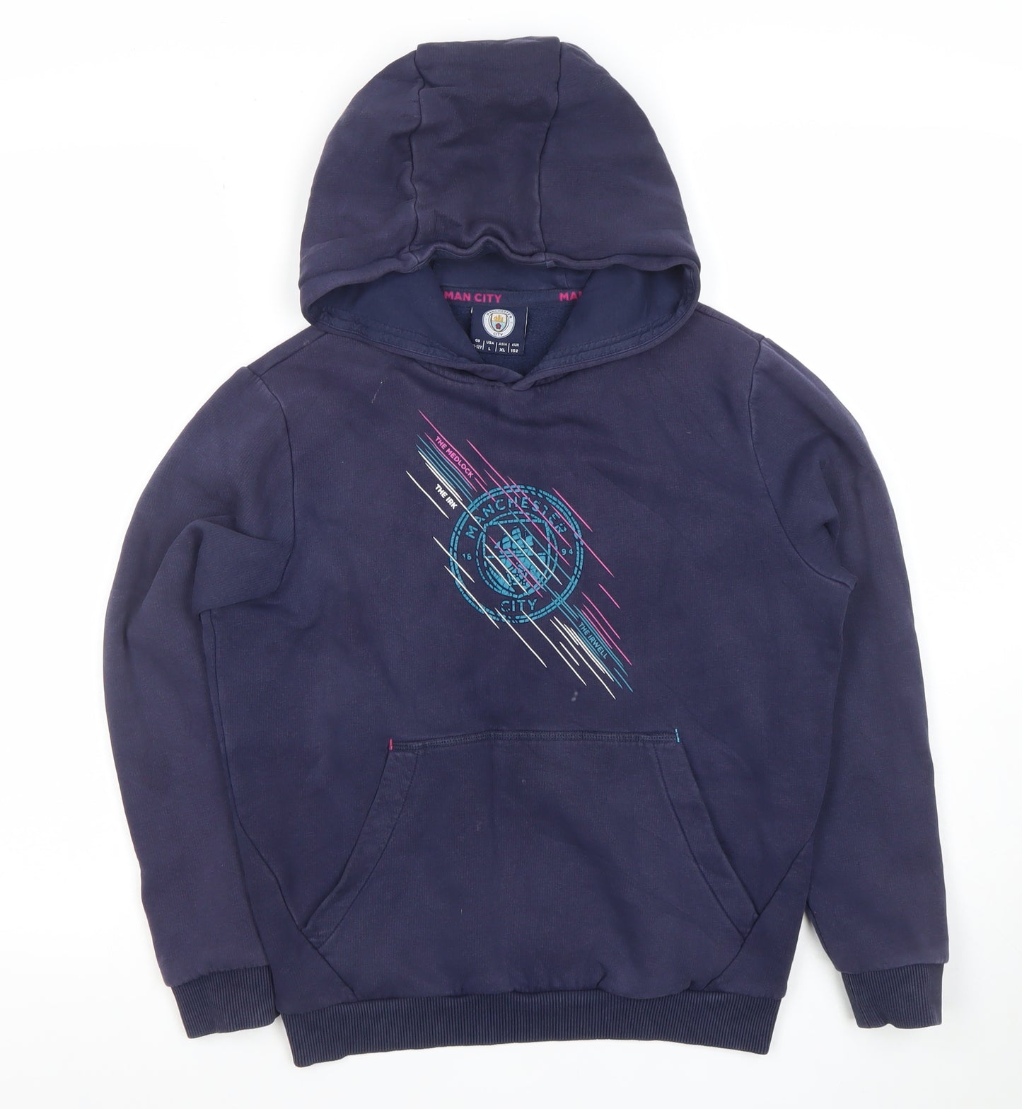Manchester City Boys Navy Hoodie 11-12 Years Pullover Graphic Print Cotton Blend