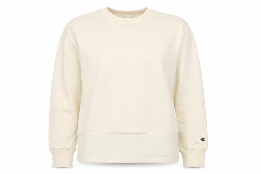 Front view of Champion Women's Beige Crew Neck Pullover Sweatshirt, size L, Cotton Blend