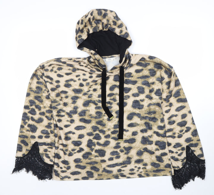 River Island Womens Beige Leopard Print Hooded Pullover XS Lace Trim