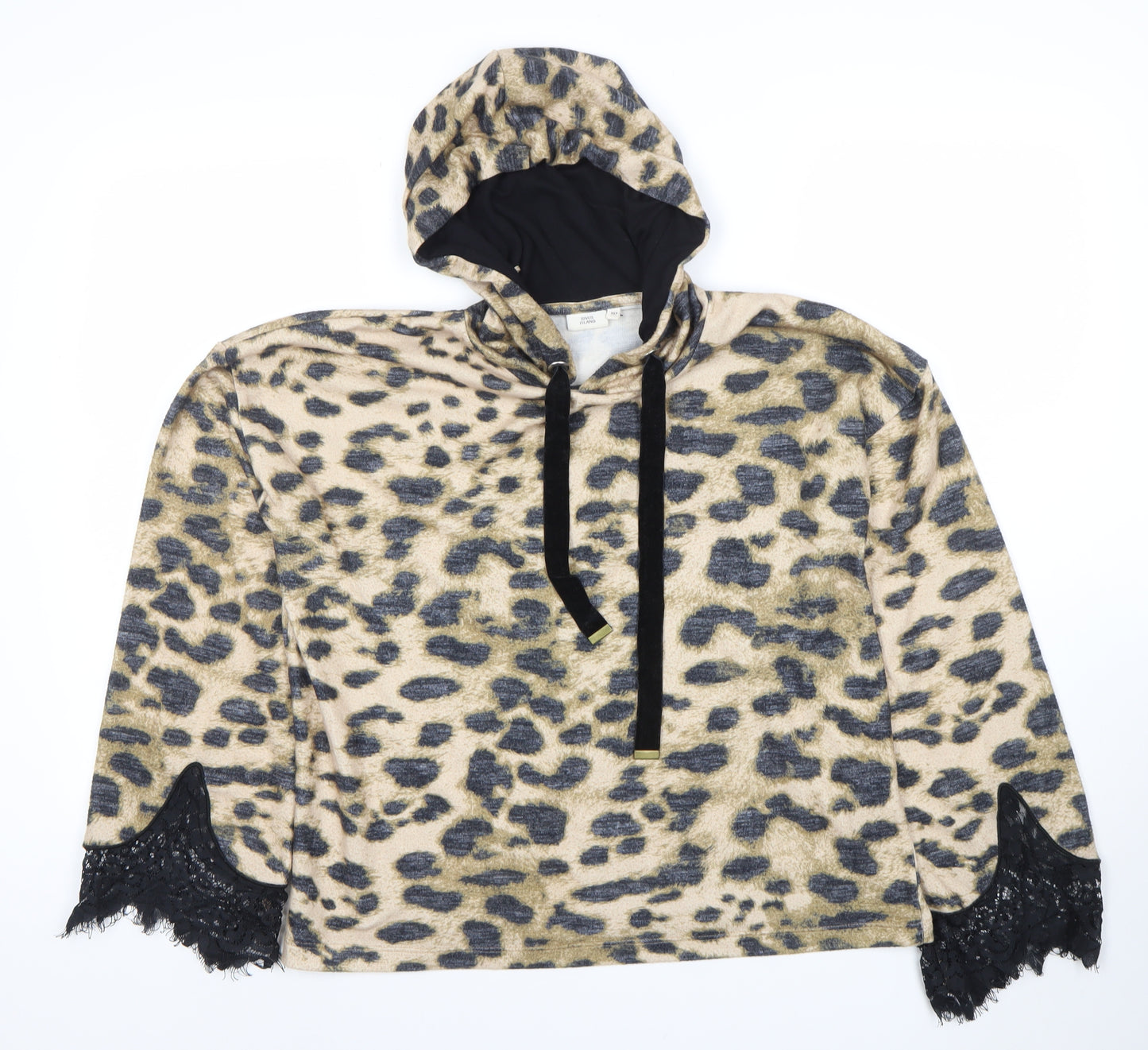 River Island Womens Beige Leopard Print Hooded Pullover XS Lace Trim