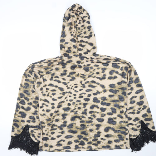 River Island Womens Beige Leopard Print Hooded Pullover XS Lace Trim