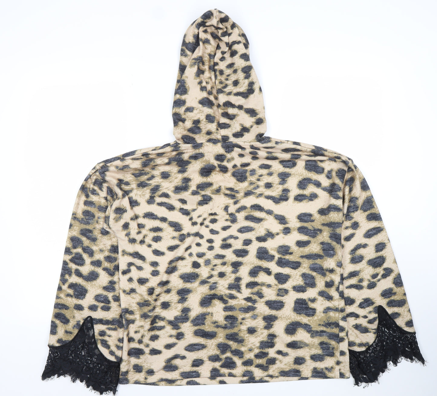 River Island Womens Beige Leopard Print Hooded Pullover XS Lace Trim