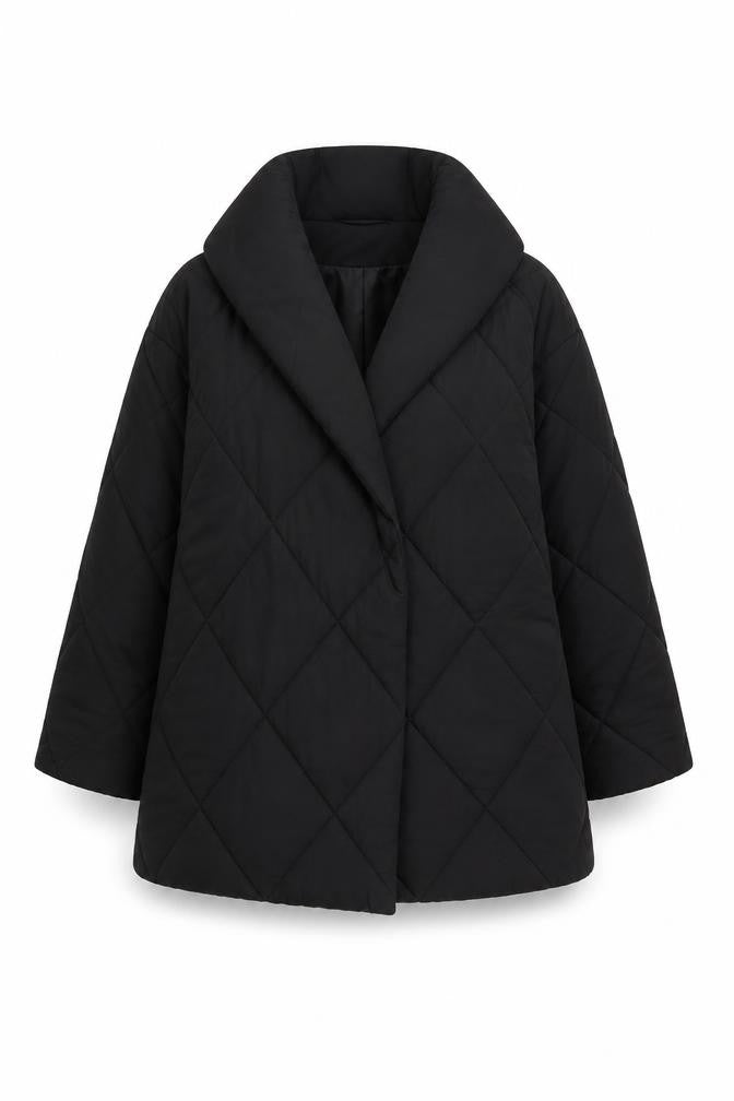 Front view of Boohoo women’s black quilted mid-length coat uk 6 regular