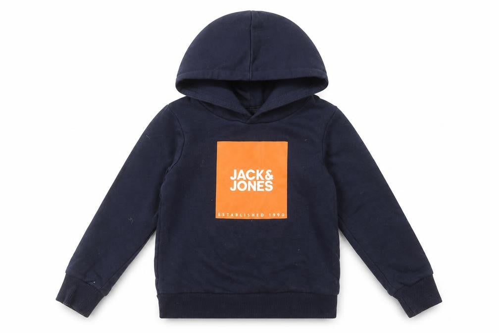 Front view of Jack & Jones boys’ navy blue pullover hoodie, size 6, years cotton blend
