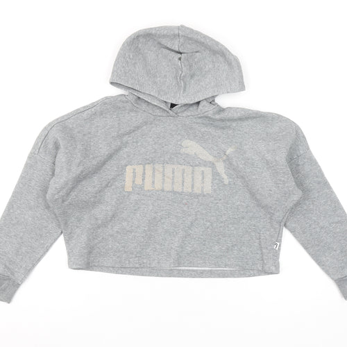 Puma Girls Grey Pullover Hoodie 9-10 Years Logo Fleece Sweatshirt
