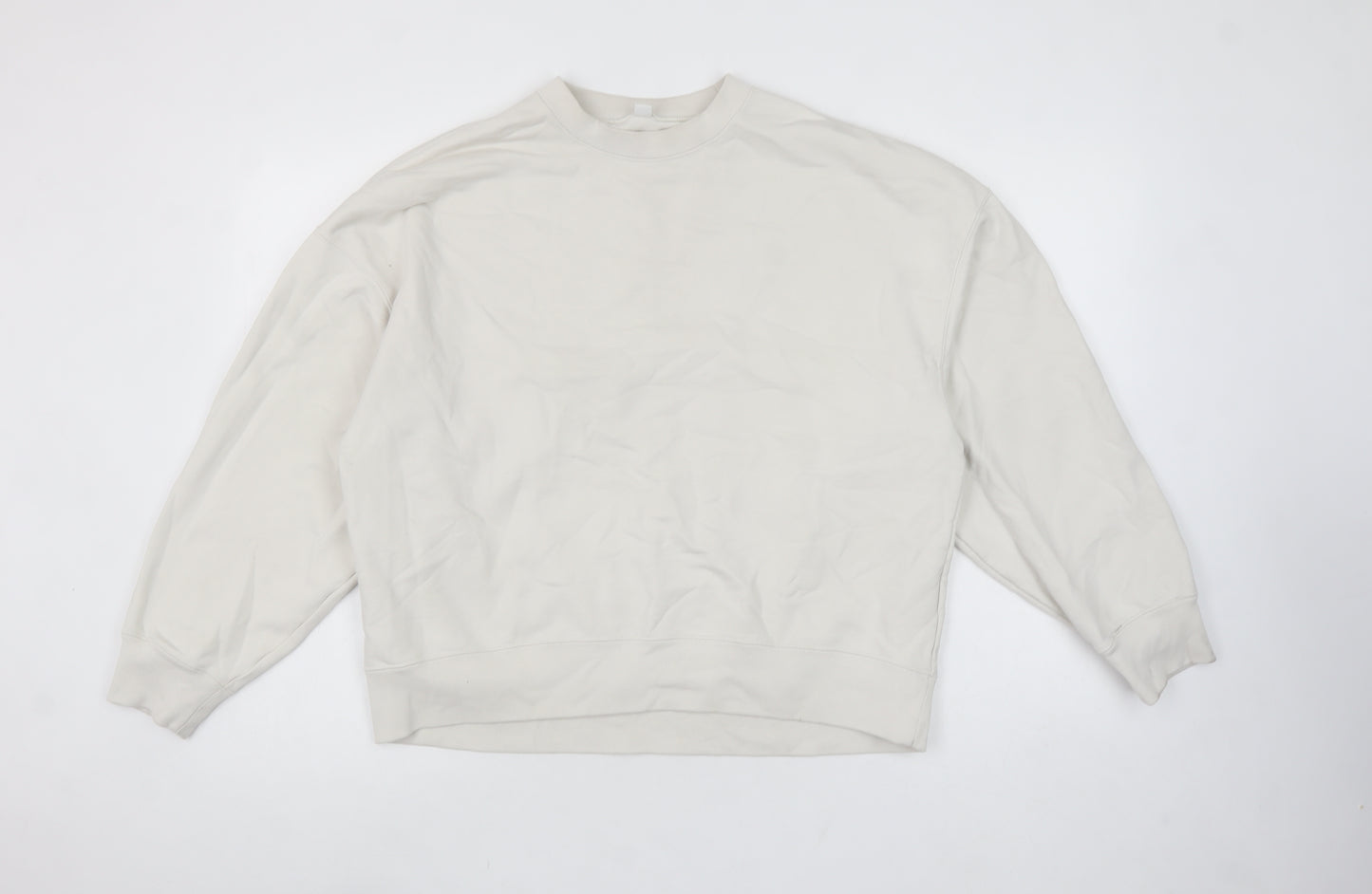 Uniqlo Women Beige Cotton Pullover Sweatshirt L Crew Neck Casual