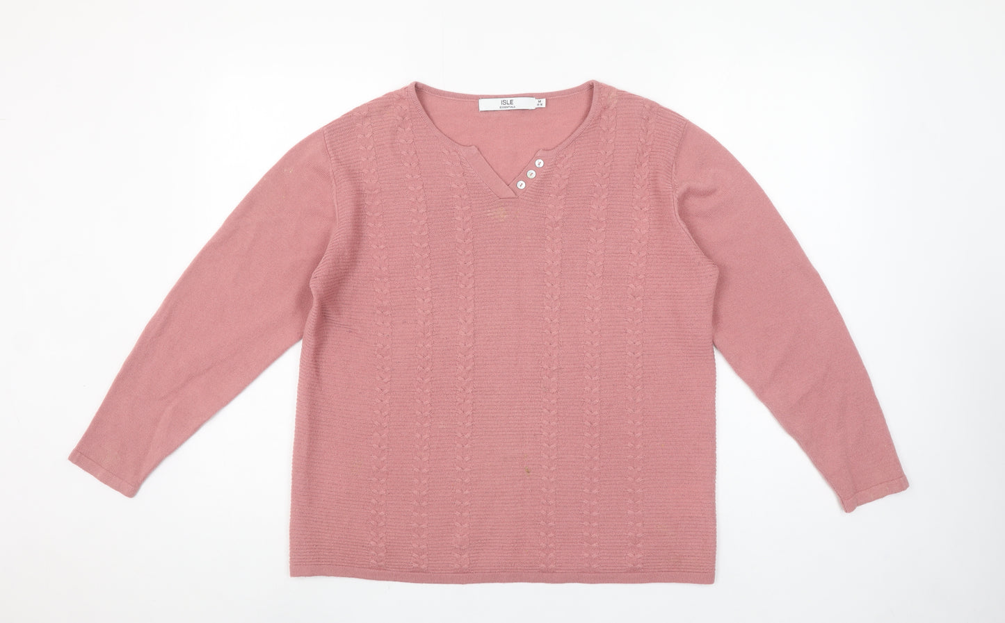 Isle Essentials Womens Pink Acrylic Cable Knit V-Neck Jumper Size 14-16