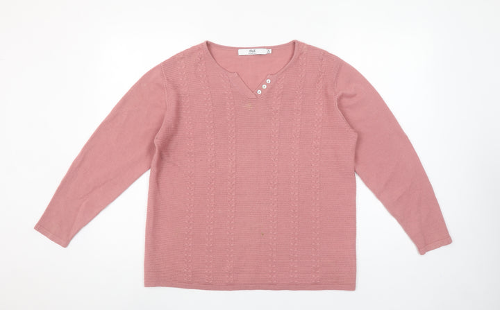 Isle Essentials Womens Pink Acrylic Cable Knit V-Neck Jumper Size 14-16