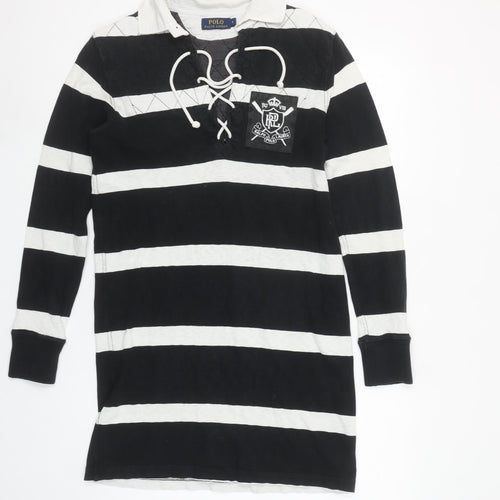 Ralph Lauren Women Black Striped Collared Shirt Dress Size S