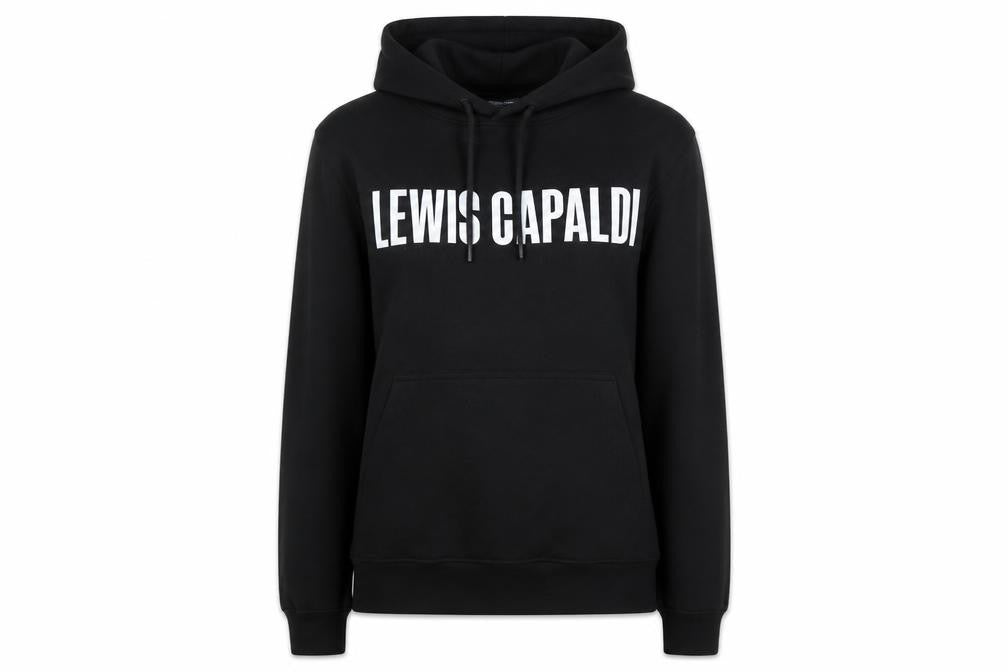 Front view of Lewis Capaldi Women's Black Pullover Hoodie, size S, Graphic Tour Sweatshirt