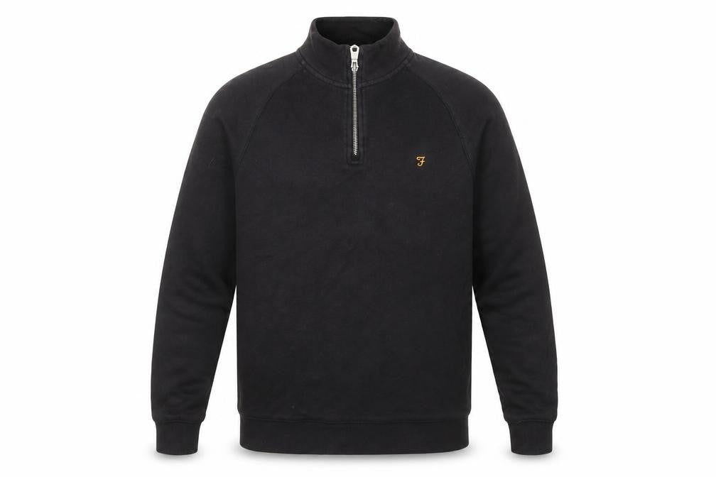 Front view of Farah Men's Black 1/4 Zip Organic Cotton Sweatshirt, size S
