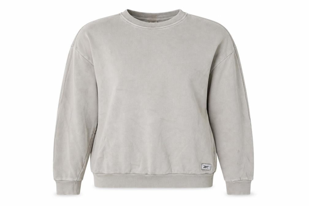 Front view of Reebok Women’s Beige Pullover Sweatshirt S Relaxed Fit Casual