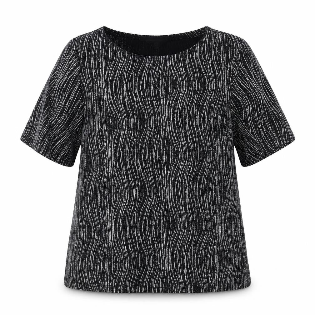 Front view of MCollection Women's Black Glitter Stripe Short Sleeve Top, size M