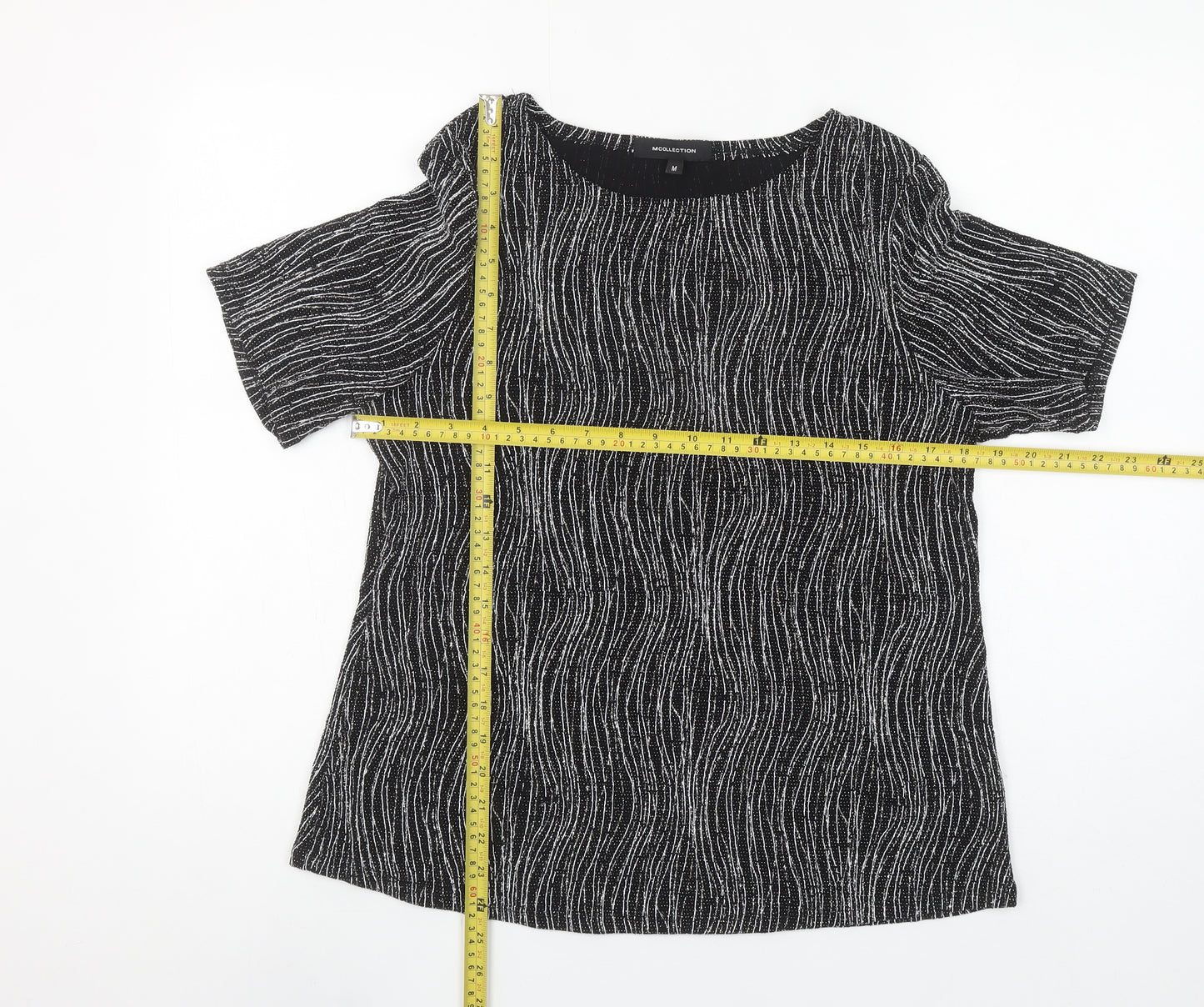 MCollection Women's Black Glitter Stripe Short Sleeve Top Size M
