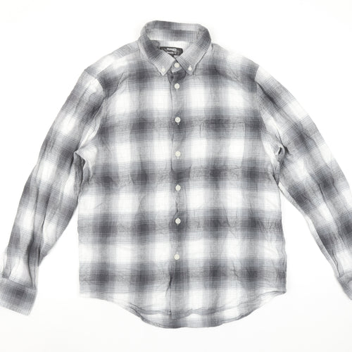 Dunnes Stores Men's Grey Plaid Button-Up Regular Fit Shirt L