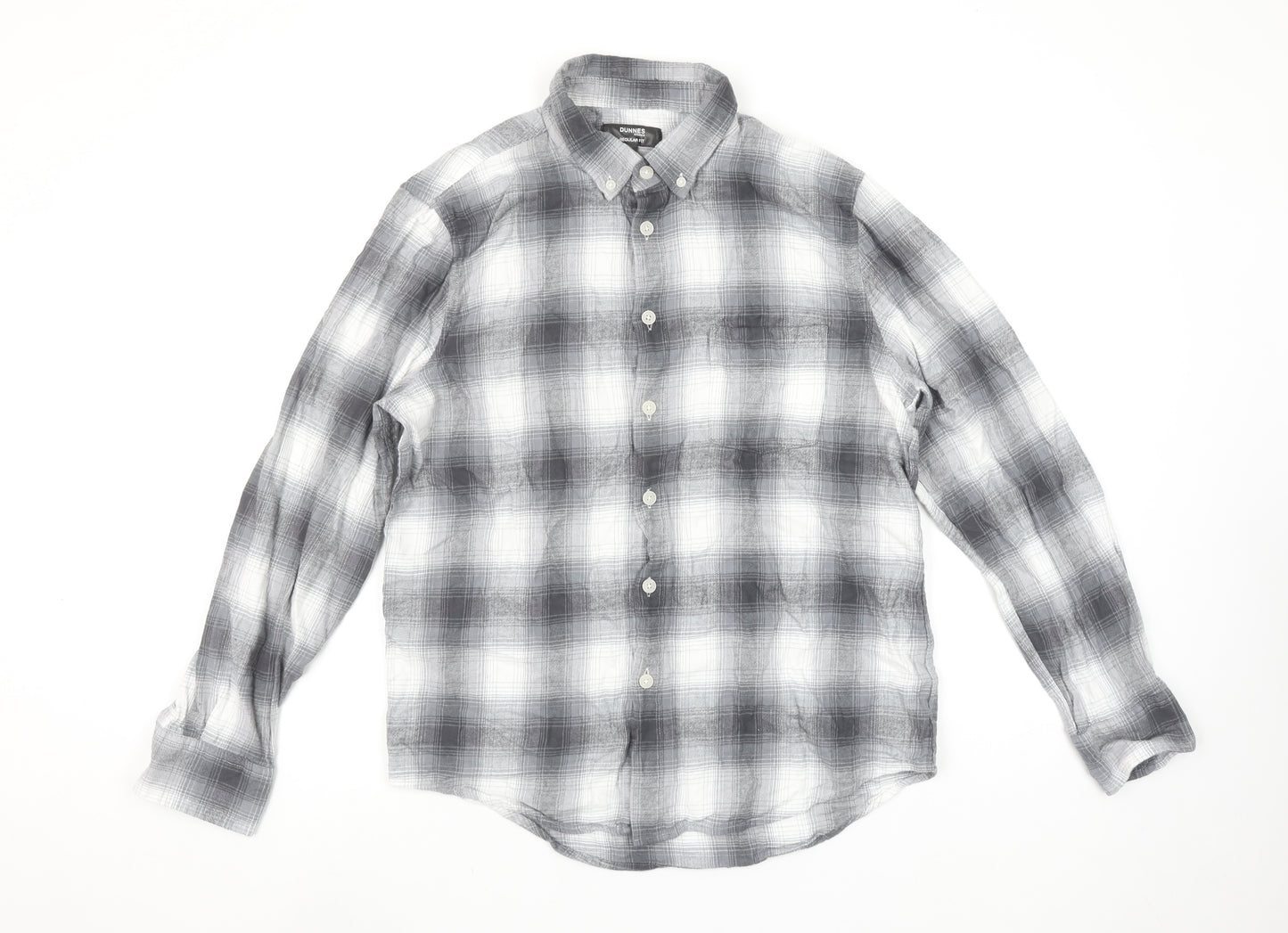 Dunnes Stores Men's Grey Plaid Button-Up Regular Fit Shirt L