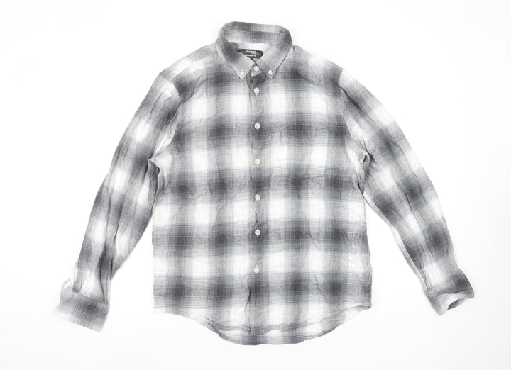 Dunnes Stores Men's Grey Plaid Button-Up Regular Fit Shirt L
