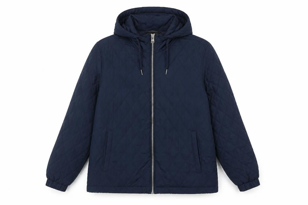 Front view of St. Bernard for Dunnes Stores Navy Quilted Hooded Jacket Medium Women’s