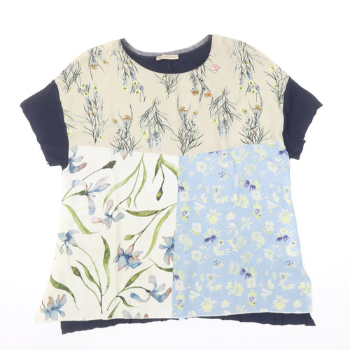 Zara Women Multicoloured Floral Patchwork Short Sleeve Cotton Blend T-Shirt Size 12