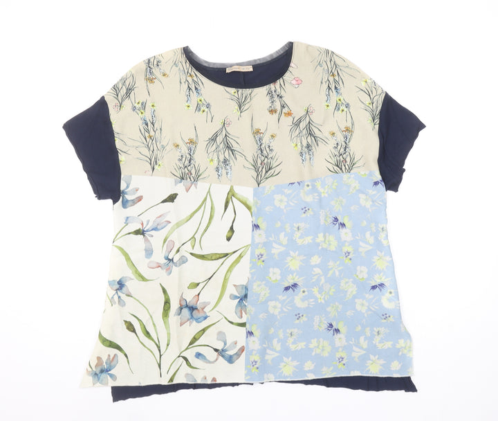 Zara Women Multicoloured Floral Patchwork Short Sleeve Cotton Blend T-Shirt Size 12