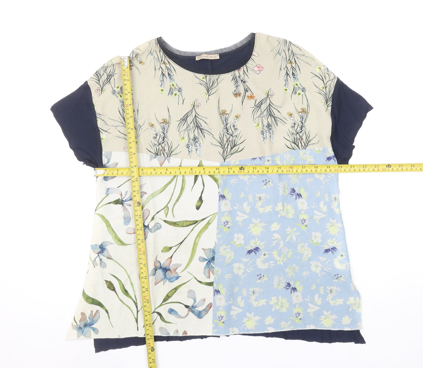 Zara Women Multicoloured Floral Patchwork Short Sleeve Cotton Blend T-Shirt Size 12