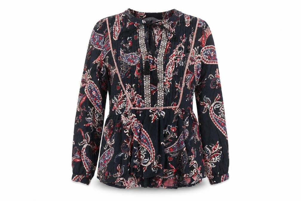 Front view of Principles women’s multicoloured paisley viscose tunic blouse, size UK 12