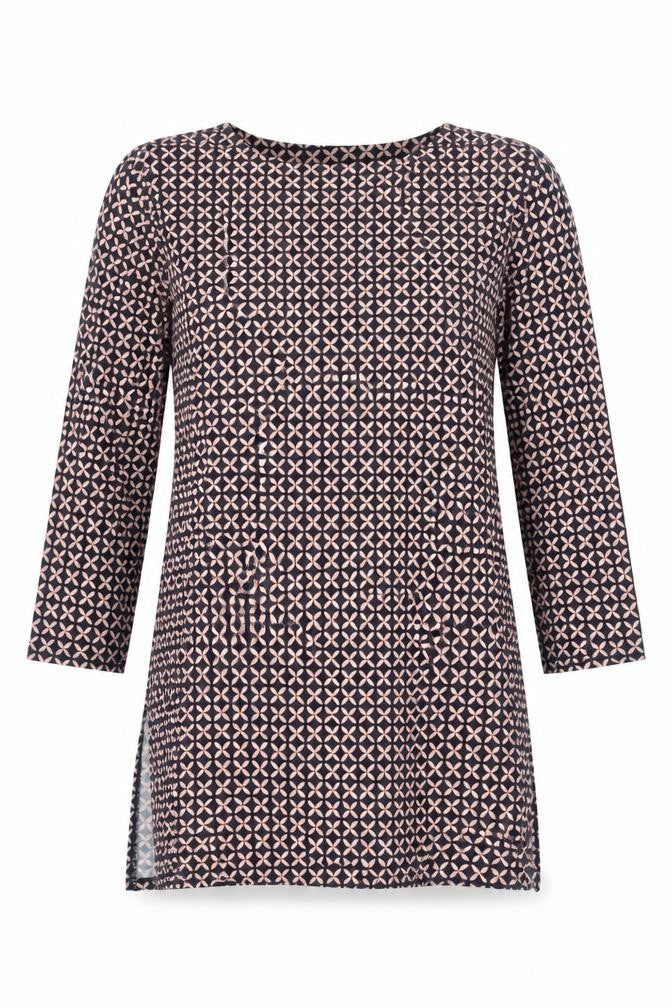 Front view of Principles Women’s Blue Geometric 3/4 Sleeve Tunic Blouse, size UK 10