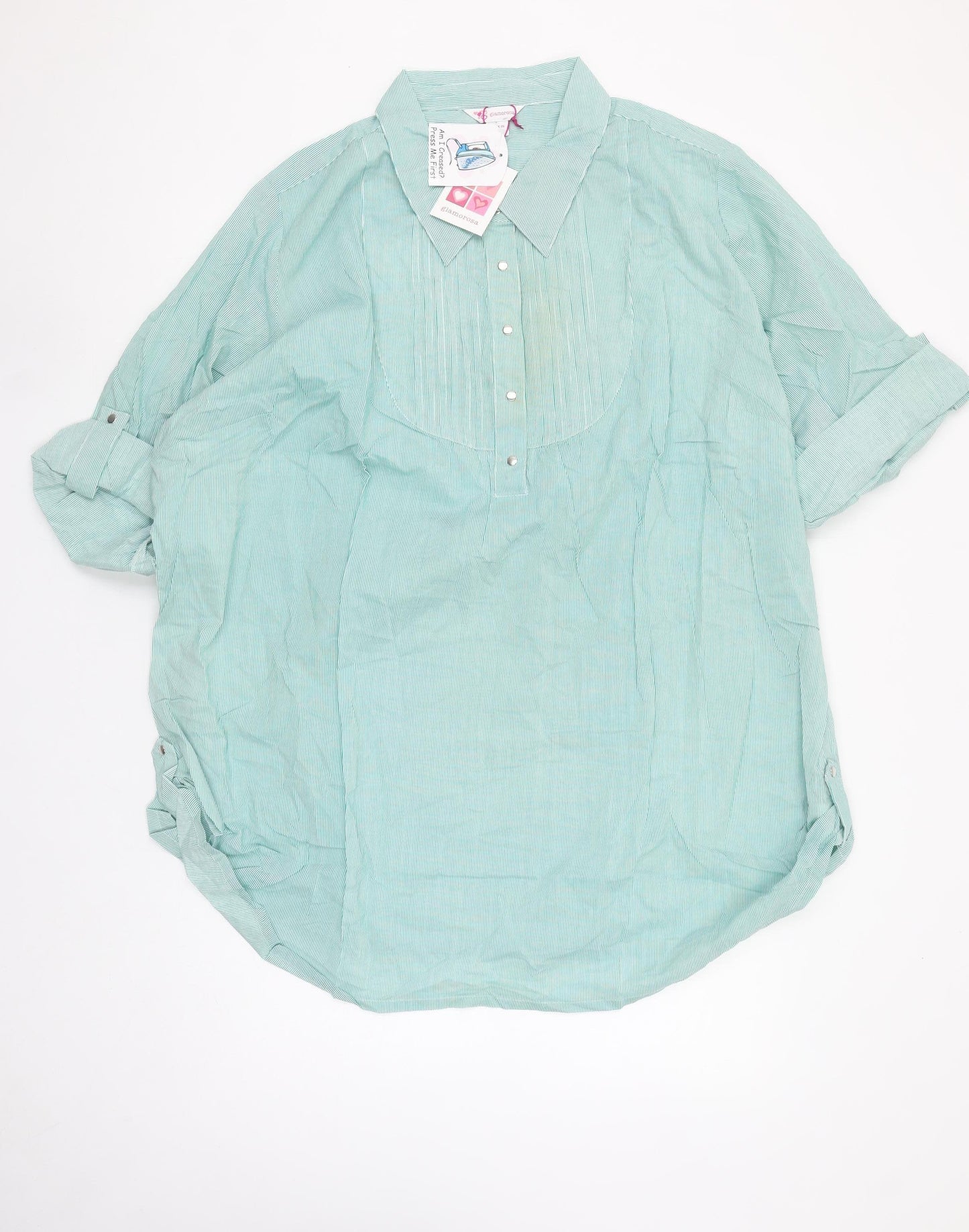 Glamorosa Women's Green Striped Cotton Tunic Button-Up Shirt UK 30